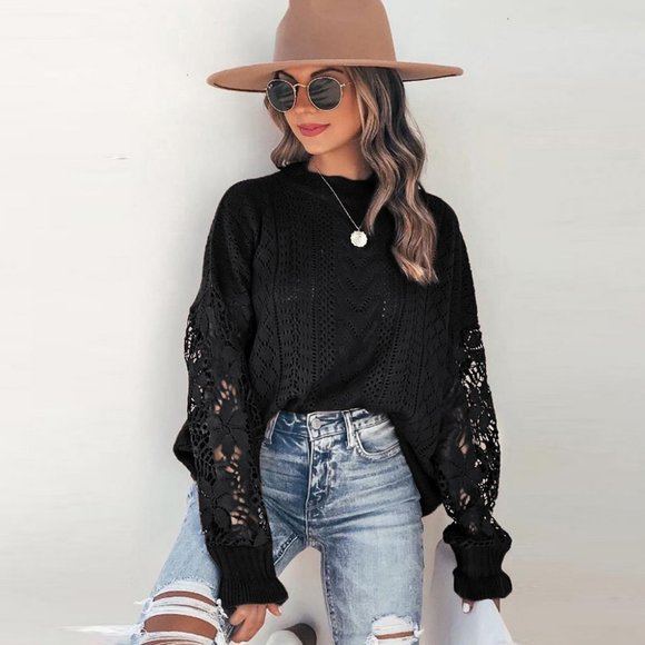 Private Label Sweaters - New Women's Boho Crochet Long Sleeve Pullover Light Sweater
